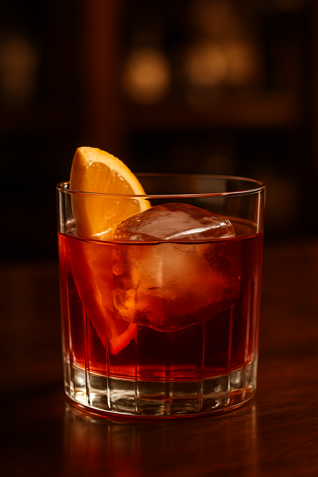 Um Negroni clássico e sofisticado em um copo rocks com gelo grande e rodela de laranja, capturado com iluminação quente, realçando a cor rica. Perfeito para artigos sobre coquetéis.
