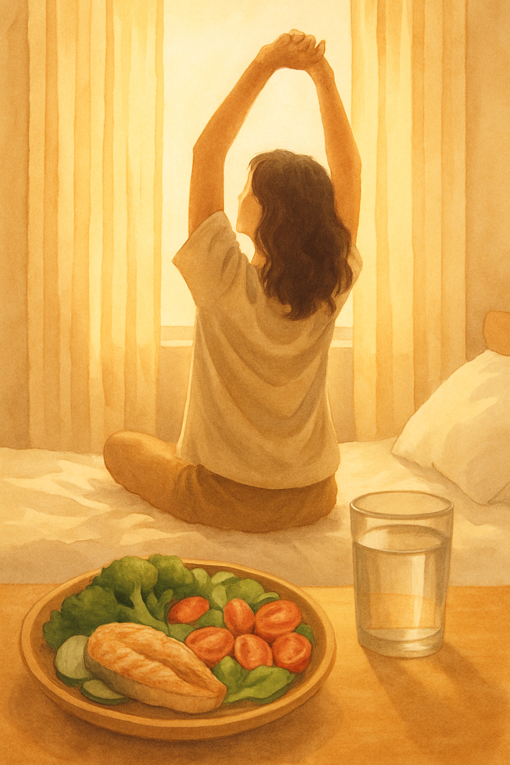 Pessoa fazendo alongamento em ambiente sereno, com alimentação equilibrada e água, simbolizando a saúde do corpo.