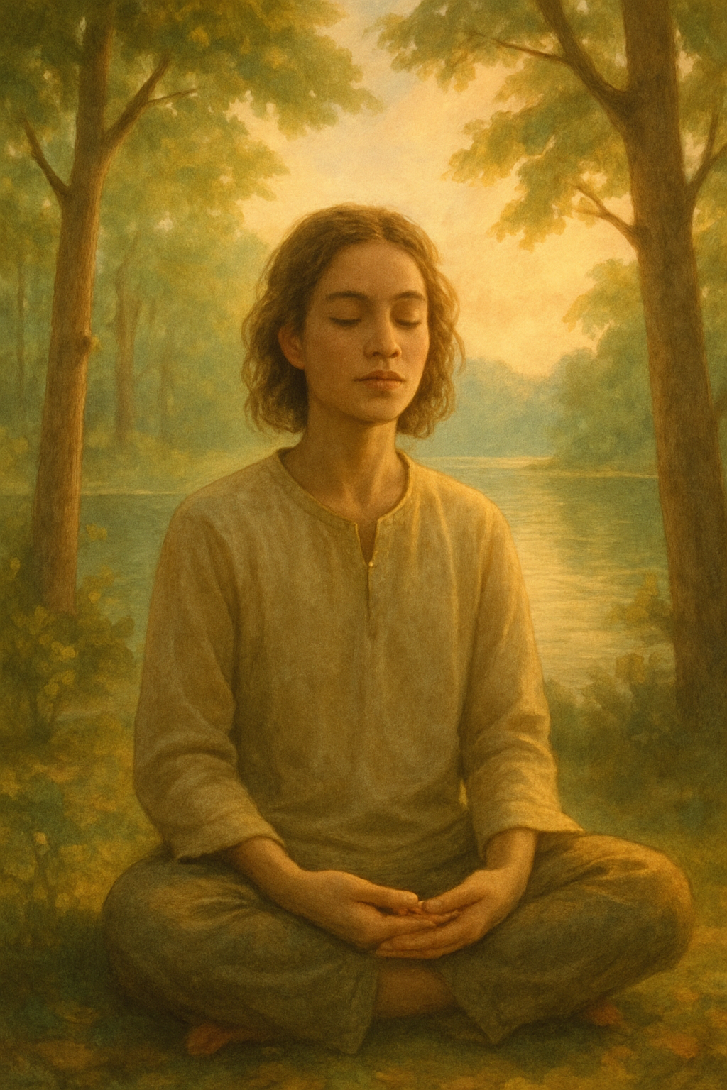 Pessoa meditando em um lago, simbolizando a conexão interior e o bem-estar.