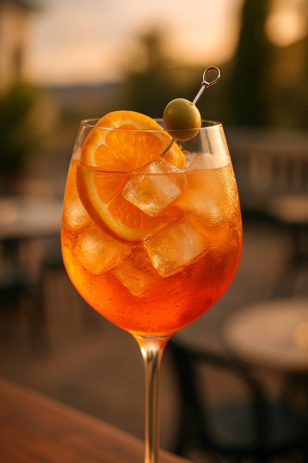 Aperol Spritz refrescante em taça de vinho grande com laranja e azeitona. Um dos coquetéis mais icônicos da Itália.