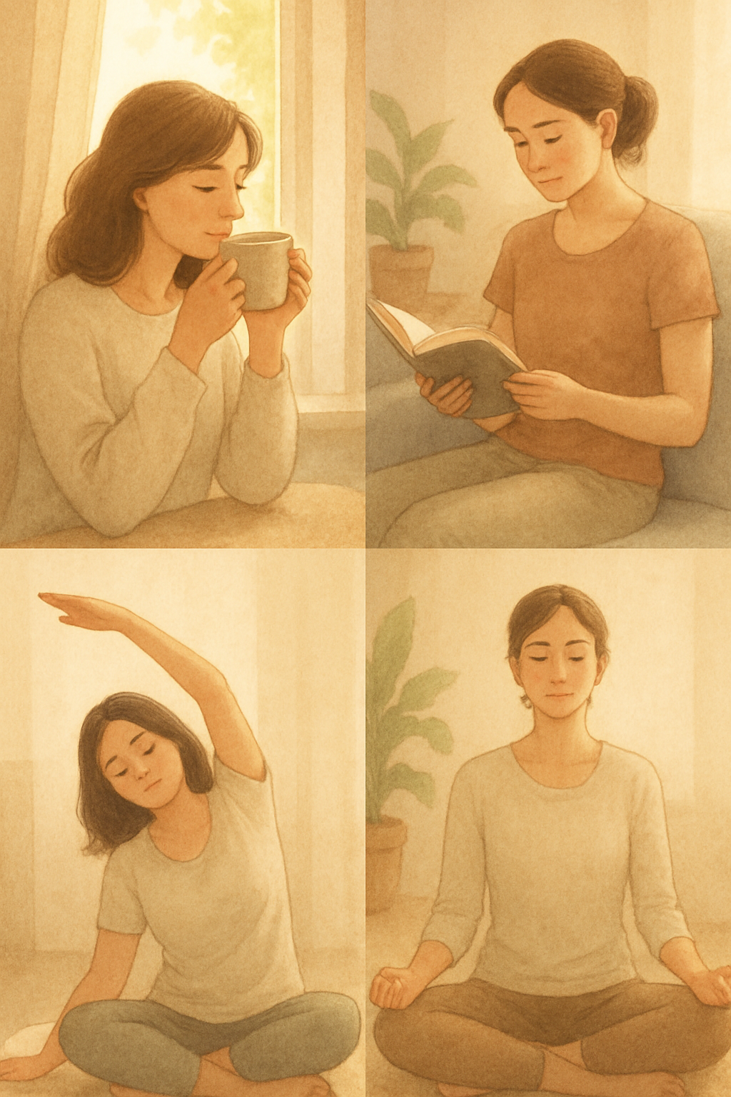 Pessoa relaxando em momentos de autocuidado, lendo um livro e tomando chá, simbolizando bem-estar e saúde preventiva leve.