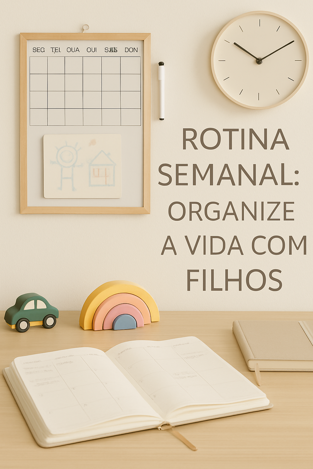 Família feliz e organizada, com pais e filhos sorrindo e interagindo em um ambiente doméstico tranquilo e claro, com um calendário semanal visível.