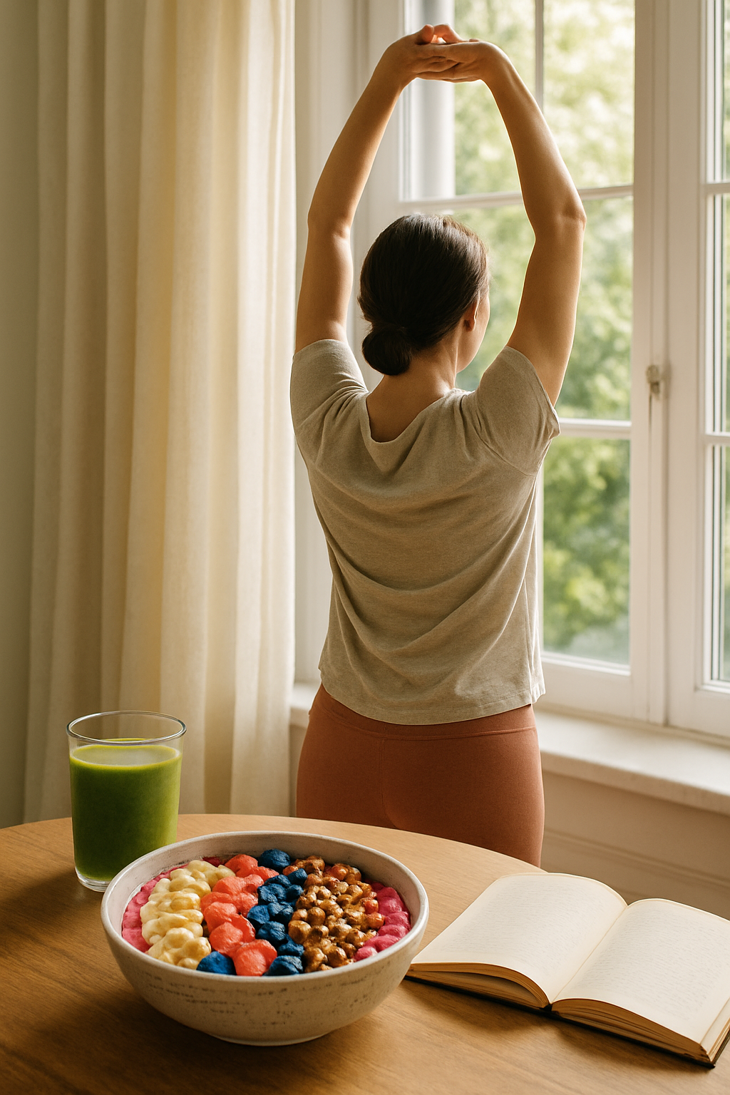 Pessoa alongando suavemente ao sol com um café da manhã saudável na mesa, simbolizando uma rotina matinal tranquila e saudável.
