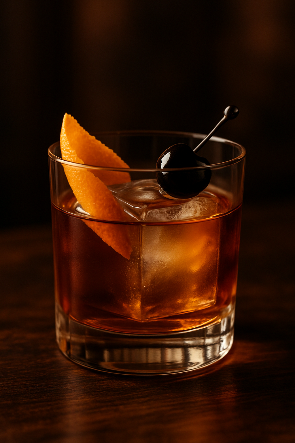 Coquetel Old Fashioned clássico em um copo rocks com gelo, casca de laranja e cereja, um dos mais renomados coquetéis.