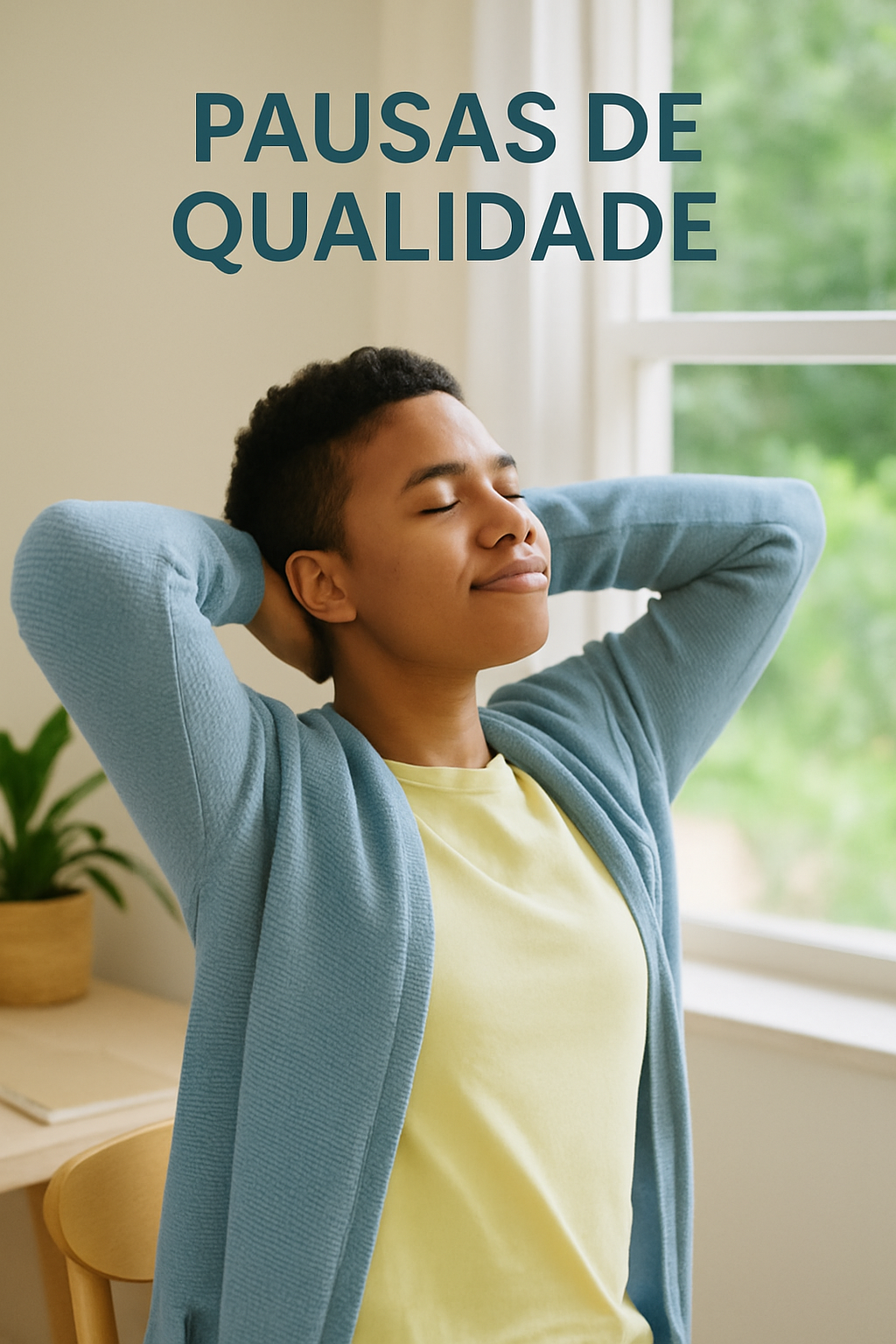 Pessoa fazendo uma pausa de qualidade em um ambiente tranquilo, focando no bem-estar e saúde preventiva.