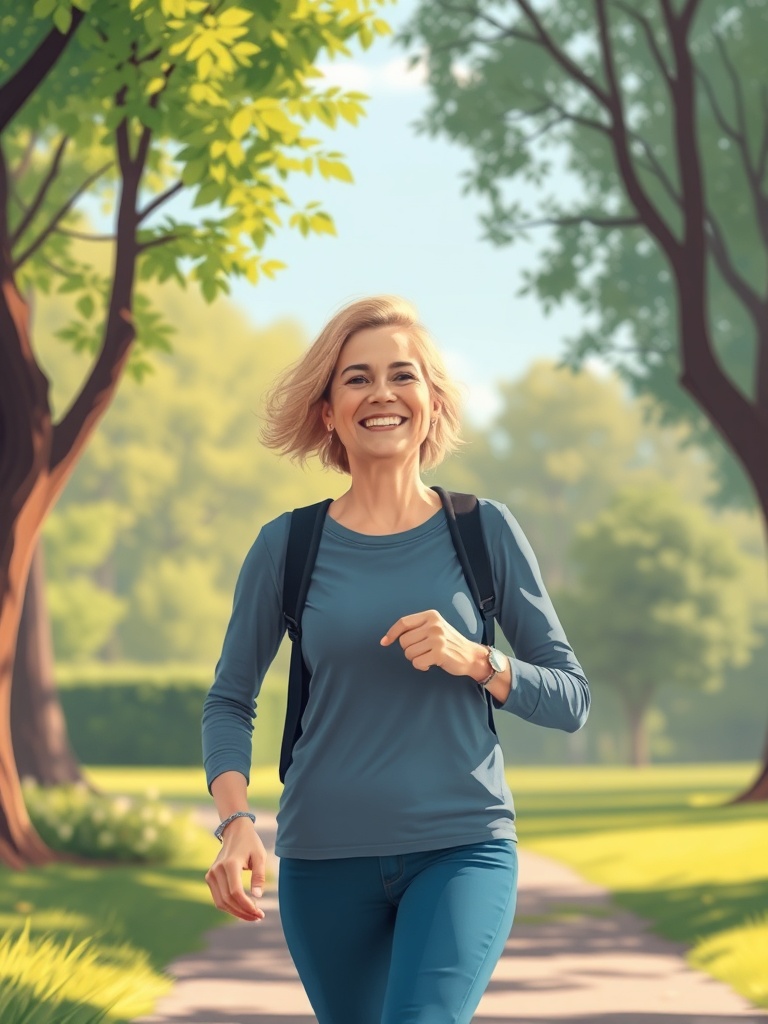 Mulher sorrindo em um parque, representando hábitos positivos para qualidade de vida.