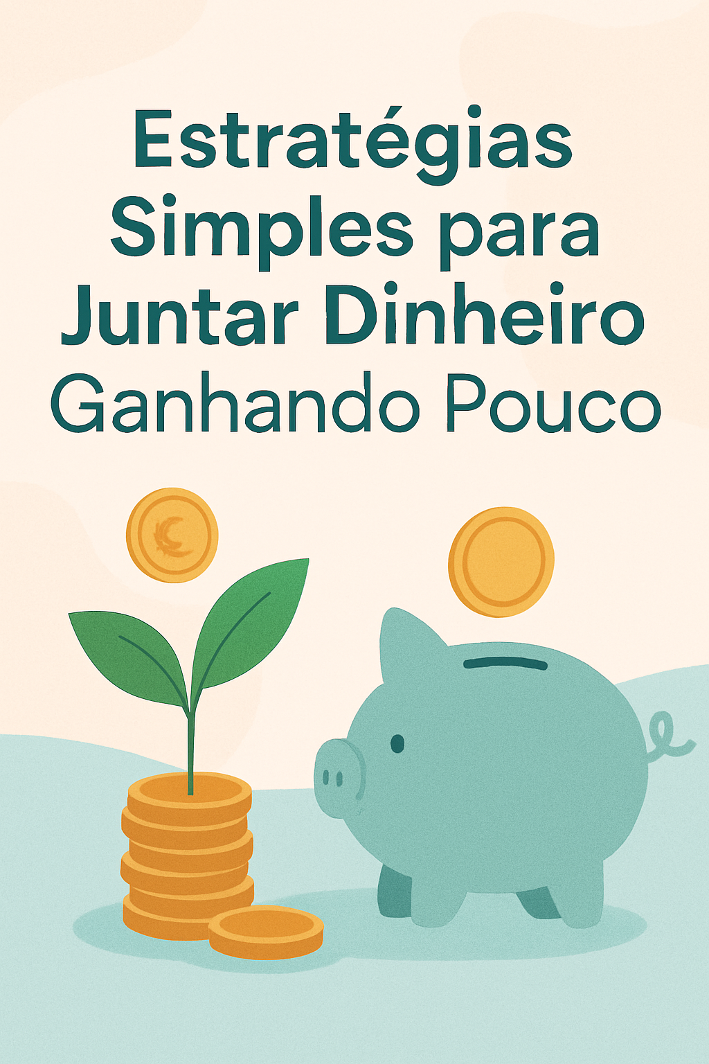 Pessoa jovem feliz contando moedas em um cofrinho com calculadora e gráficos de crescimento financeiro ao fundo, simbolizando estratégias para juntar dinheiro ganhando pouco.