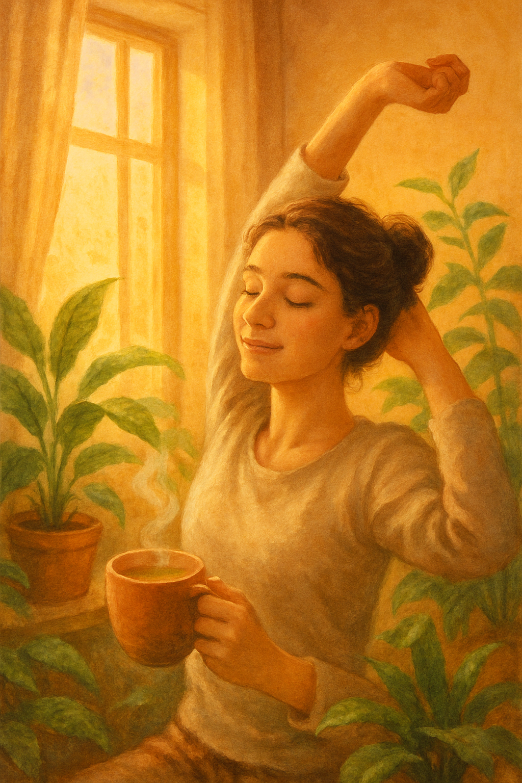 Pessoa alongando suavemente em um quarto ensolarado, demonstrando bem-estar diário e relaxamento.