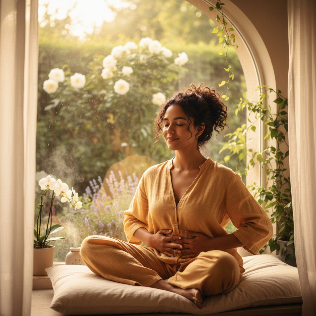 Pessoa praticando respiração para relaxar em um ambiente tranquilo.
