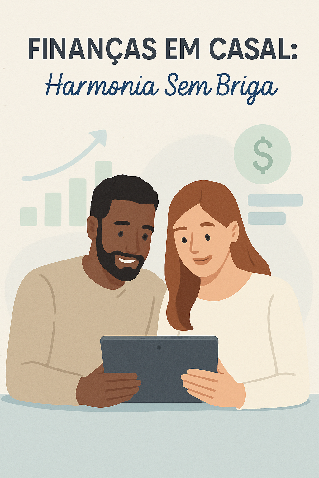 Casal sorrindo e abraçado enquanto revisam um tablet com gráficos financeiros, simbolizando a organização das finanças em conjunto e a harmonia do relacionamento.