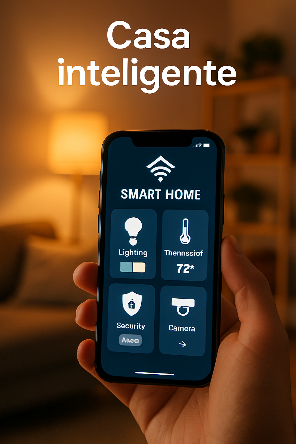 Smartphone controlando uma Casa Inteligente com luzes, termostato e câmera de segurança