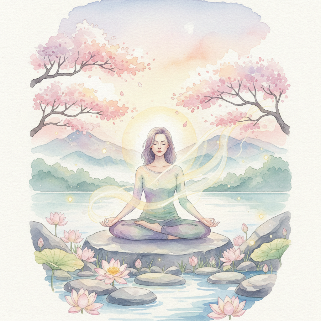 Pessoa meditando em um ambiente sereno, simbolizando foco e leveza, com cores suaves e estilo aquarela.