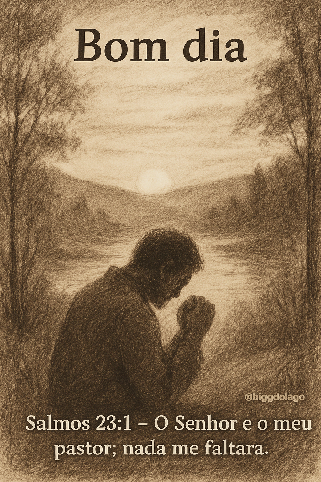 Uma imagem vertical no estilo de desenho a carvão e lápis, com paleta sépia e terrosa. A imagem mostra uma figura humana de costas, em postura de oração ou contemplação, inserida numa paisagem natural serena que evoca paz e reflexão. No topo da imagem, lê-se 