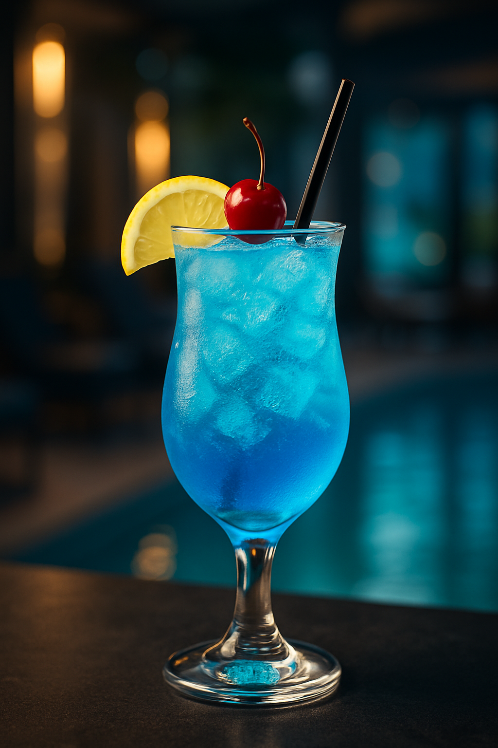Blue Lagoon: O Refrescante Coquetel Azul que Encanta Paladares 2 Um vibrante coquetel Blue Lagoon azul em um copo alto e elegante, decorado com cereja maraschino e fatia de limão, realçando a beleza dos coquetéis.