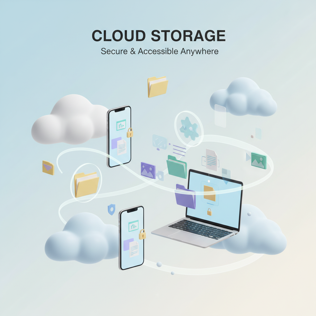 Ilustração de nuvens e dispositivos como celular e notebook, simbolizando o armazenamento em nuvem.