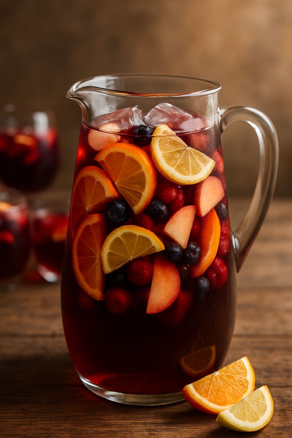 Sangria: O Coquetel Refrescante Perfeito para Celebrar 2 Jarra de Sangria vibrante com frutas frescas, perfeito coquetel de verão.