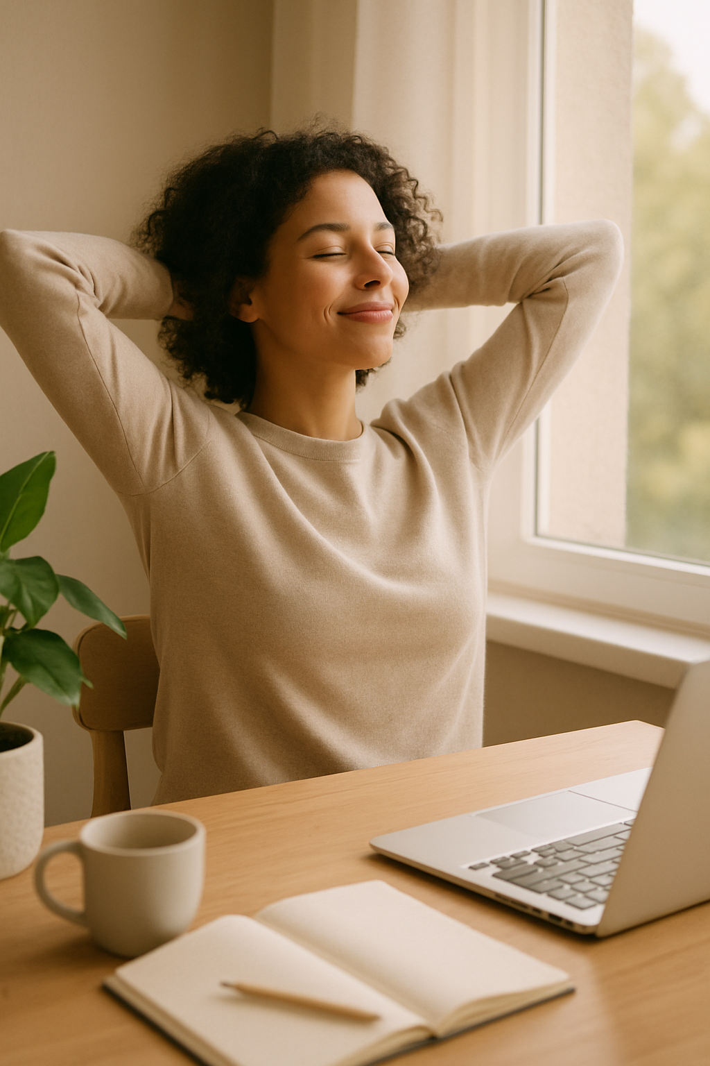 Pessoa em pose relaxada, indicando o bem-estar das pausas produtivas, em um ambiente calmo e iluminado.
