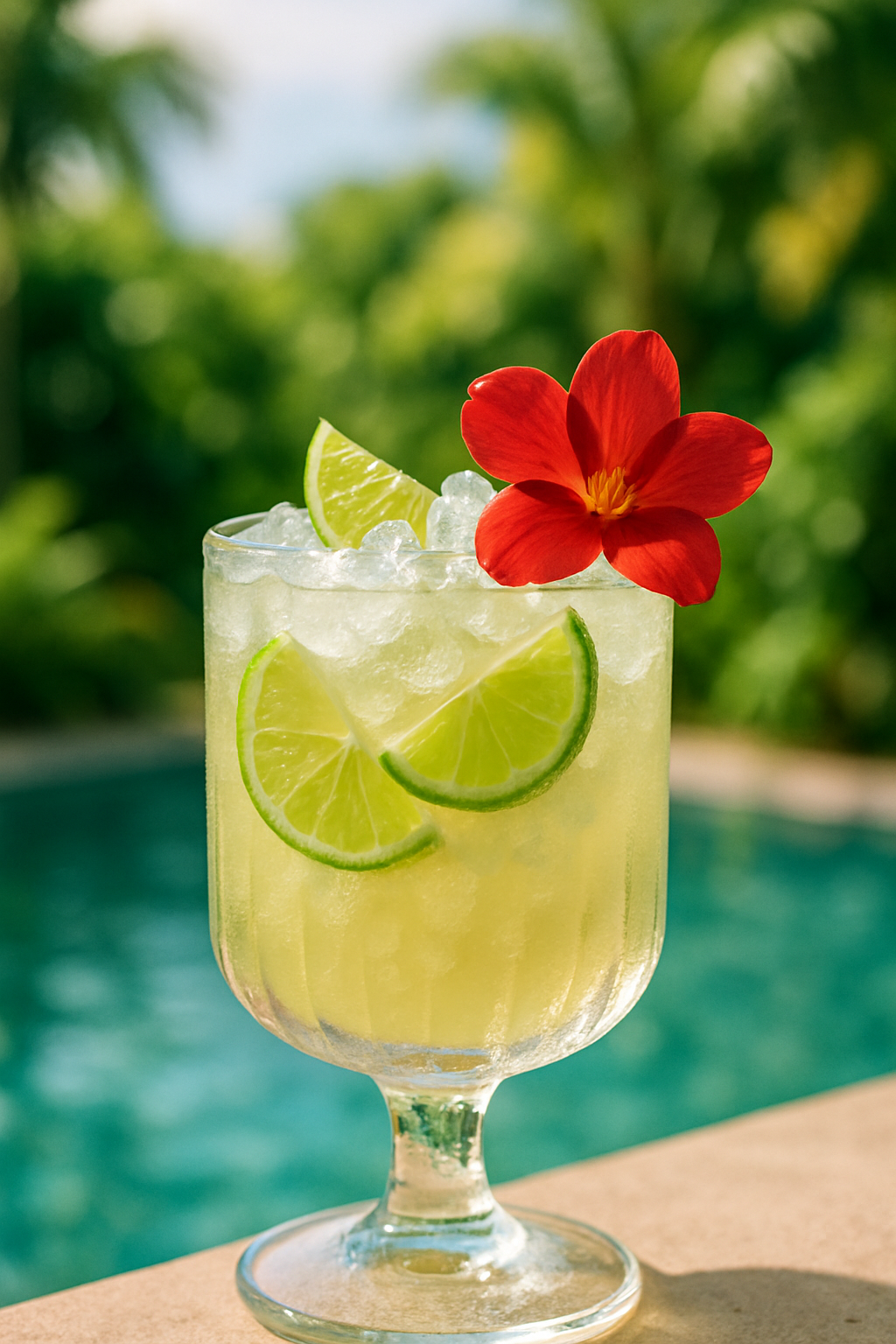 Um coquetel Caipiríssima refrescante e elegante, com fatias de limão e folha de hortelã, em um dia ensolarado. Ideal para coquetéis de verão.