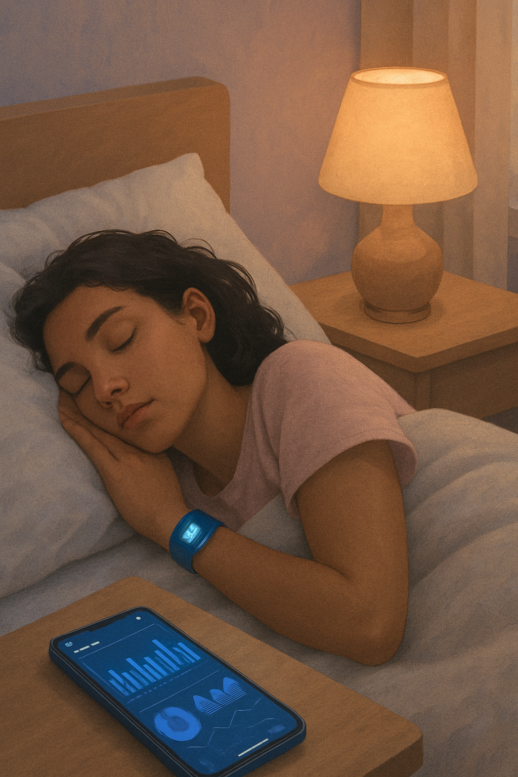 Pessoa dormindo tranquilamente com smartwatch, monitoramento do sono no celular