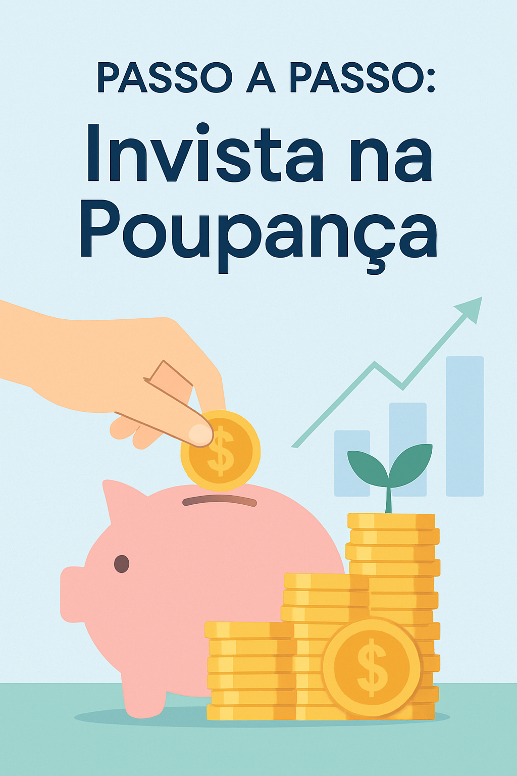 Uma mão depositando uma moeda em um cofrinho em forma de porco com símbolos de dinheiro ao redor, representando o ato de poupar e investir na poupança.