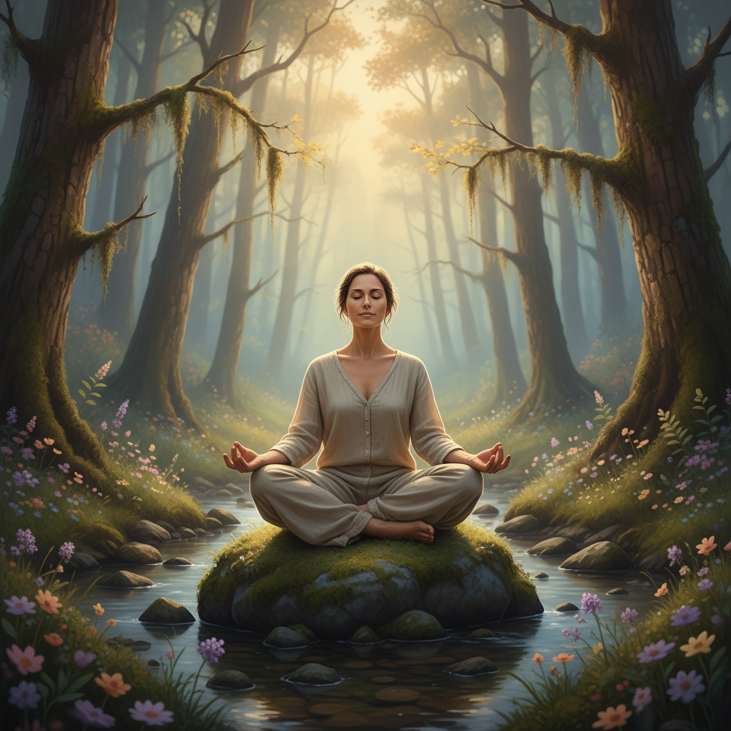Pessoa meditando em ambiente natural, promovendo a concentração e clareza mental.
