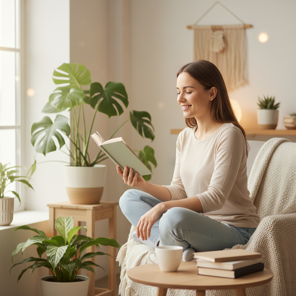 Mulher sorrindo, em um ambiente calmo, lendo um livro, simbolizando conteúdos leves de saúde preventiva e bem-estar.