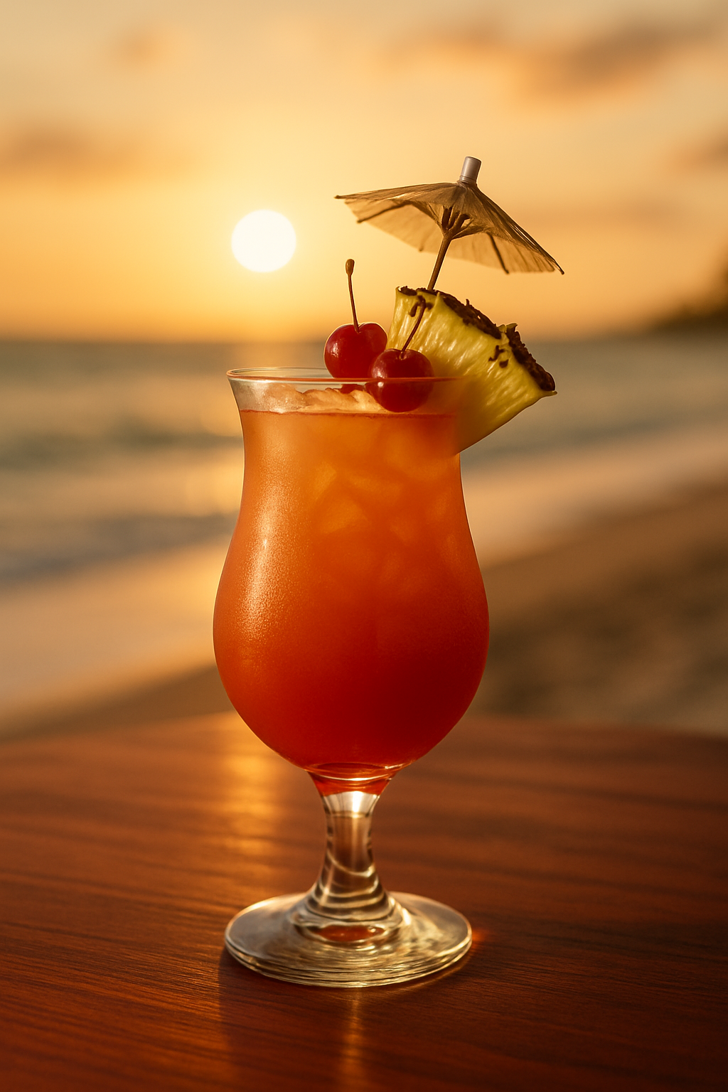 Rum Punch: O Melhor dos Coquetéis Tropicais para Você! 2 Um coquetel Rum Punch vibrante e sofisticado, ricamente colorido, guarnecido com frutas tropicais como abacaxi e cerejas, ideal para coquetéis tropicais.