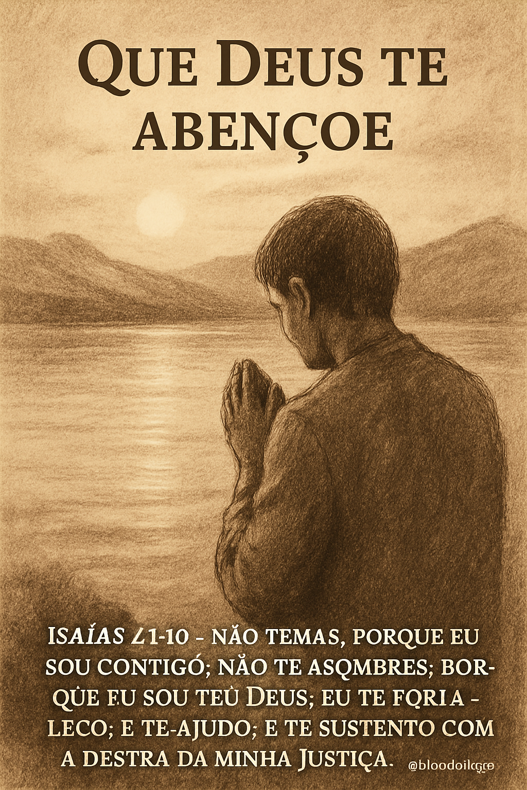 Desenho a carvão e lápis em tons sépia e terrosos, mostrando uma figura humana de costas em contemplação diante de uma paisagem natural serena. No topo da imagem, a frase 'Que Deus te abençoe'. No rodapé, a citação bíblica 'Isaías 41:10 – Não temas, porque eu sou contigo; não te asombres, porque eu sou teu Deus; eu te fortaleço, e te ajudo, e te sustento com a destra da minha justiça.'. Marca d'água '@blogdolago' discretamente visível.