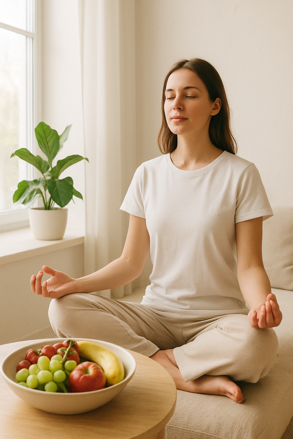 Pessoa meditando em um ambiente tranquilo, simbolizando uma vida mais leve e saudável.