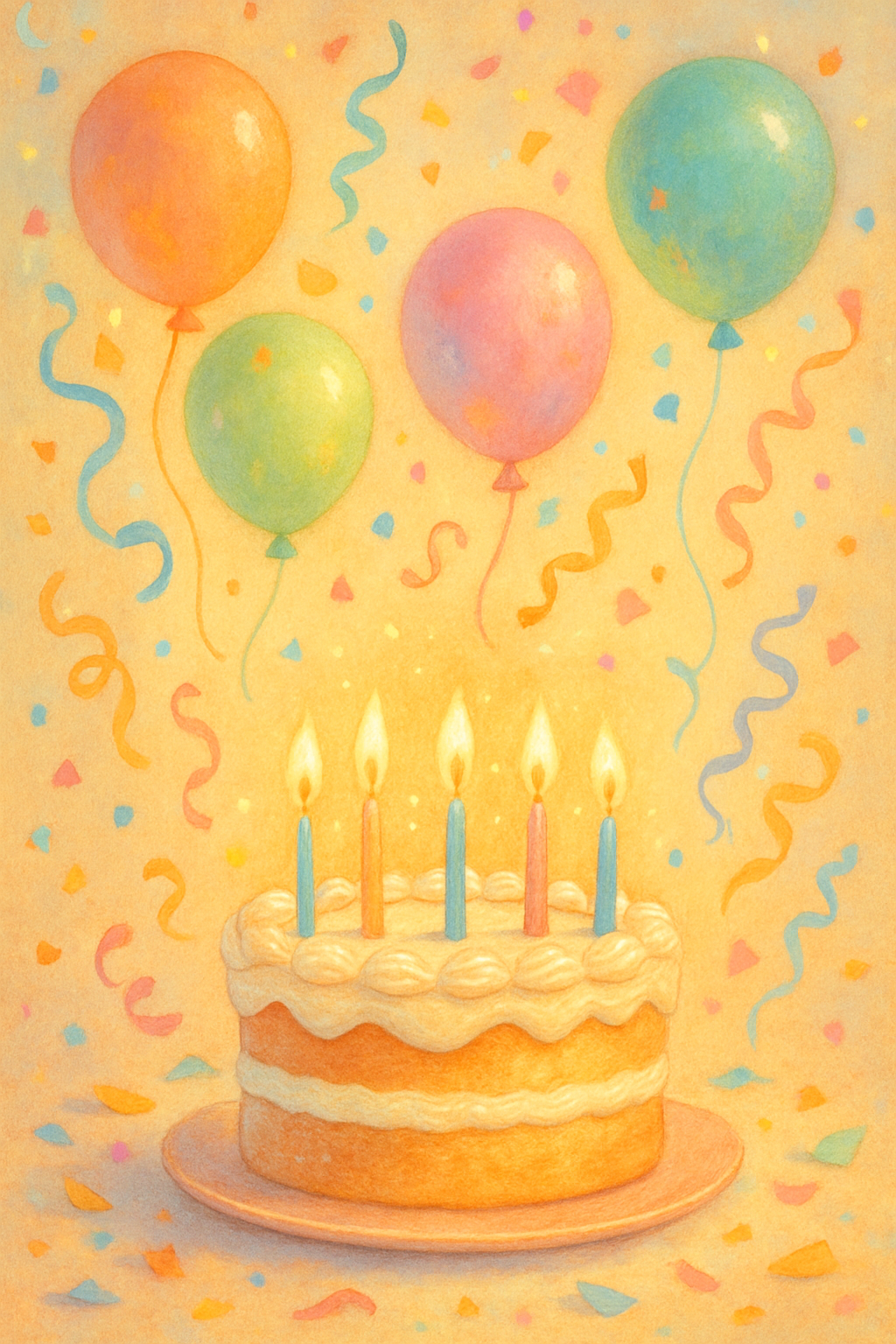 Uma ilustração vibrante de bolo de aniversário com velas acesas, balões e confetes, simbolizando alegria e a celebração de um novo ciclo. Ideal para mensagens inspiradoras de feliz aniversário.