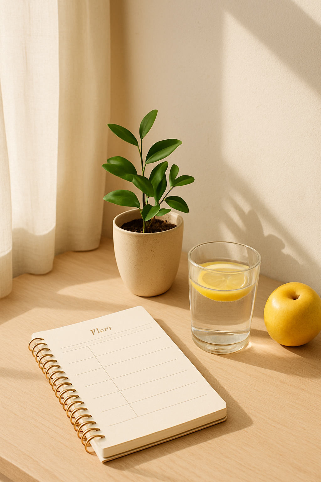 Cena calma e organizada com planner, água e planta, representando a organização da rotina e bem-estar diário.