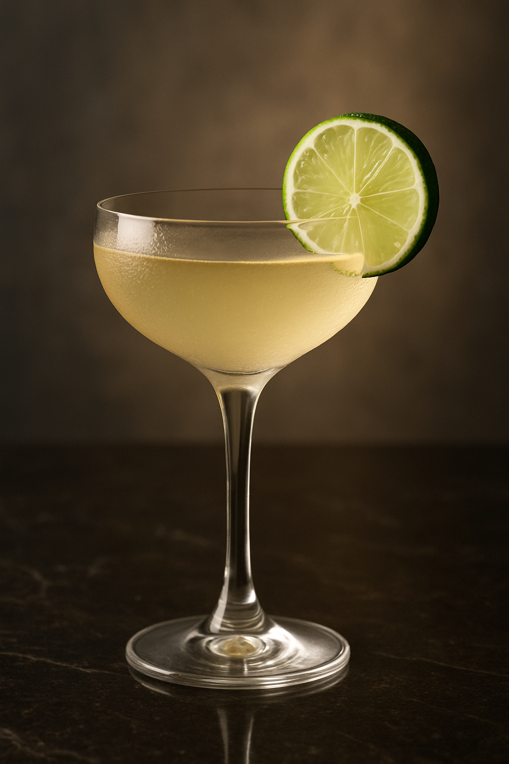 Um clássico coquetel Daiquiri em uma taça coupé, guarnecido com uma rodela de limão, destacando a elegância e simplicidade deste icônico coquetel.