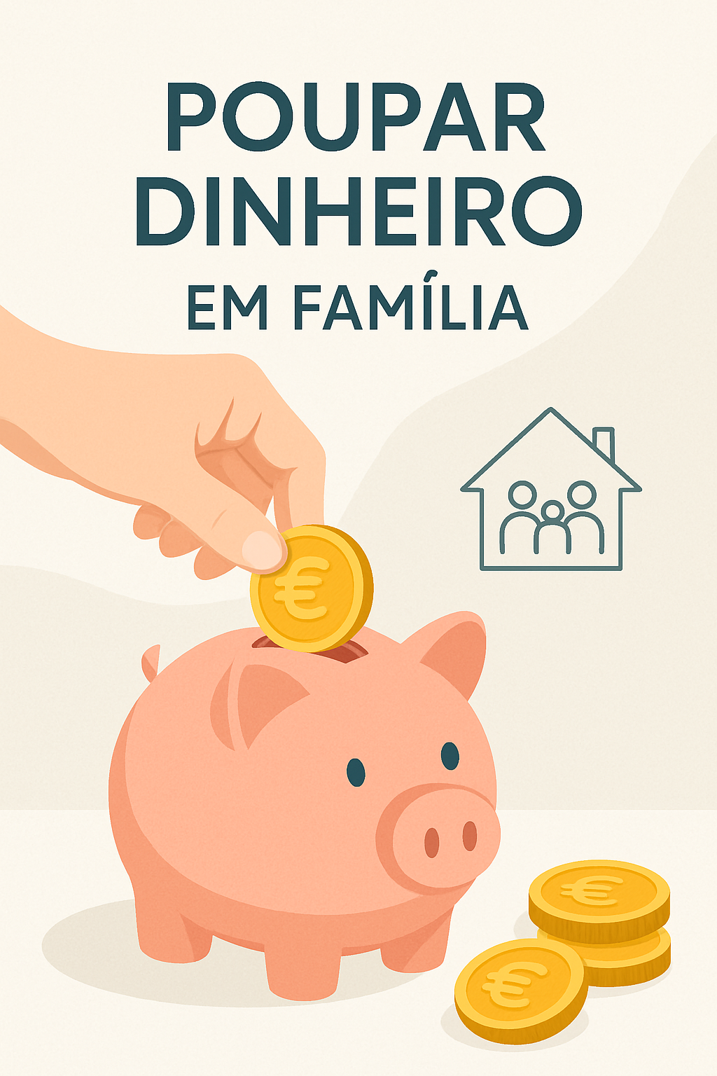 Uma família sorridente e feliz, com pai, mãe e dois filhos, juntos, contando moedas em um cofrinho em forma de porco, simbolizando economia e união financeira.