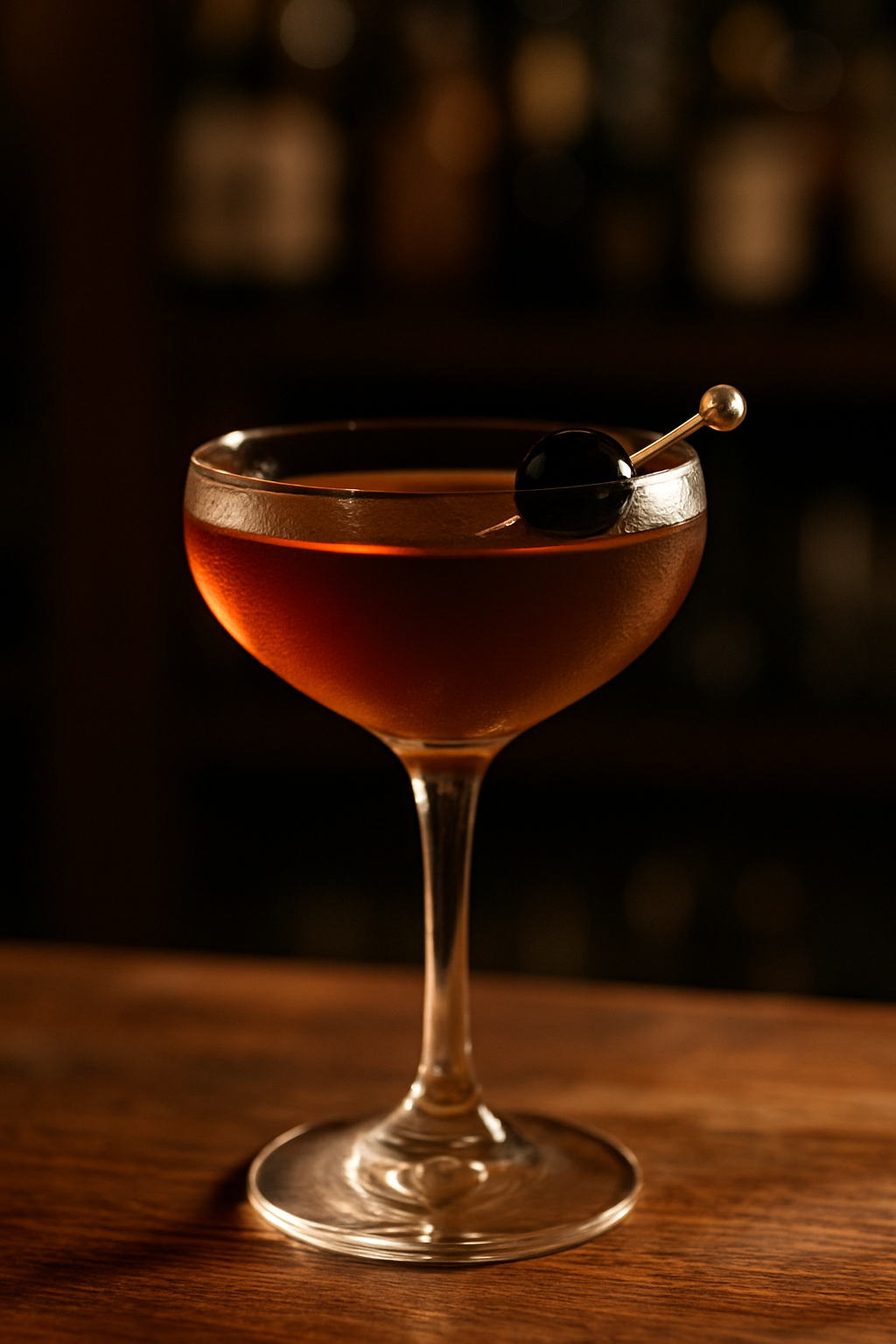 Coquetel Manhattan clássico em taça coupé com cereja Luxardo, perfeito para apreciadores de coquetéis.