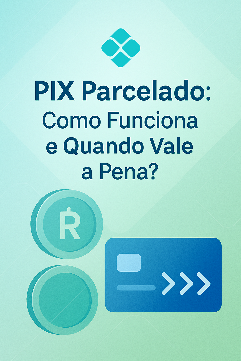 Ilustração de mãos segurando um smartphone com a tela mostrando o aplicativo de um banco e a opção de PIX parcelado, com moedas e cartões de crédito ao fundo, simbolizando flexibilidade financeira.