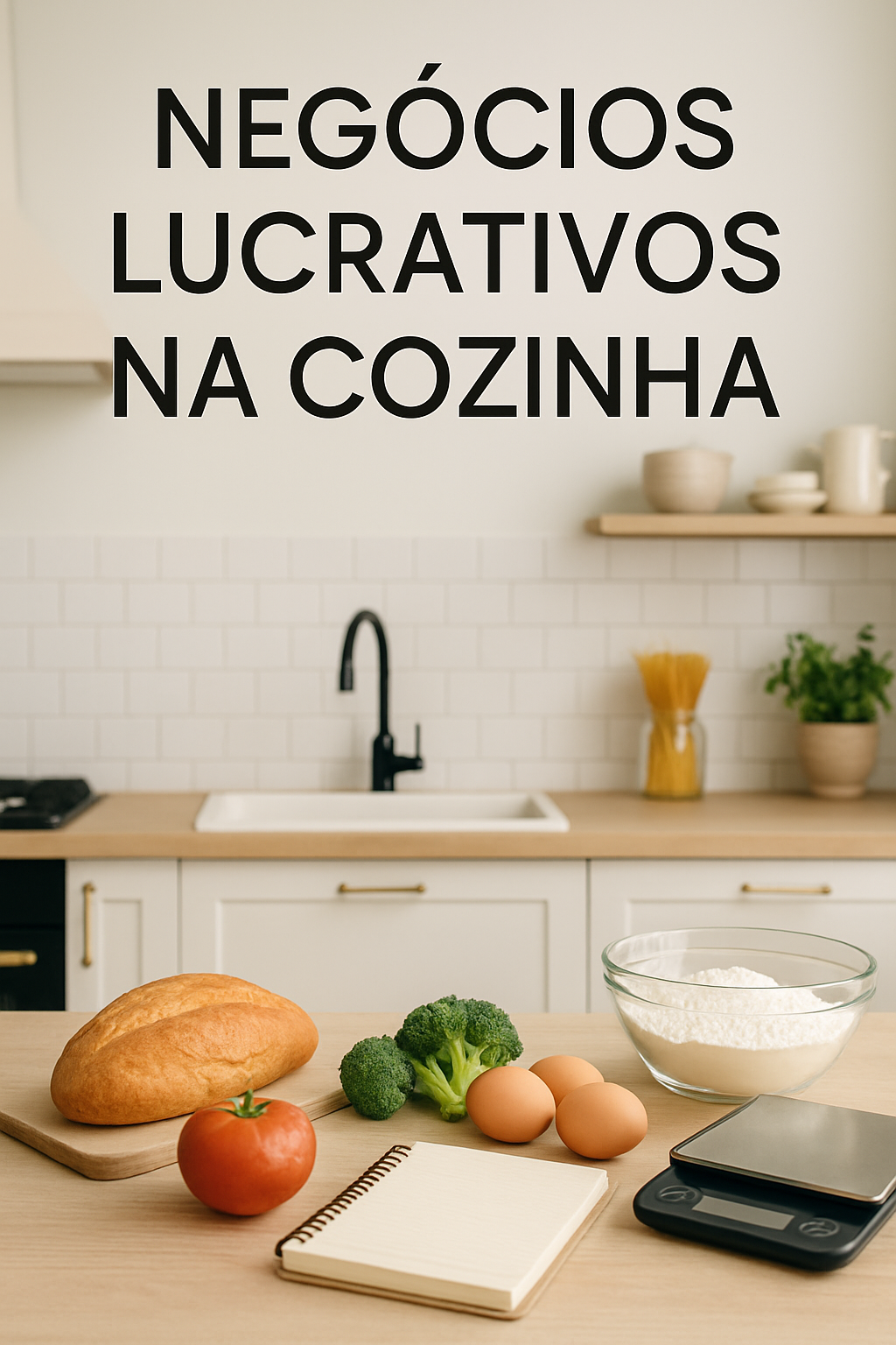 Pequenos Negócios Lucrativos Para Começar na Cozinha 2 Uma cozinha moderna, limpa e bem iluminada, com uma bancada cheia de ingredientes frescos, utensílios de cozinha e alguns pratos artesanais finalizados, como bolos decorados, potes de geleia e marmitas empilhadas. A imagem transmite criatividade, organização e o potencial de um negócio culinário caseiro.