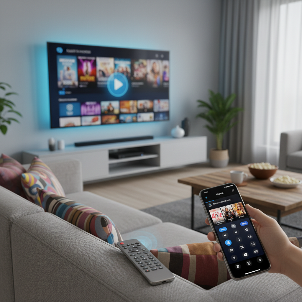 7 Ajustes Essenciais para Turbinar sua Smart TV e Curtir Mais! 2 Pessoa navegando na Smart TV com um smartphone, cena que representa ajustes úteis para Smart TV e consumo de mídia.