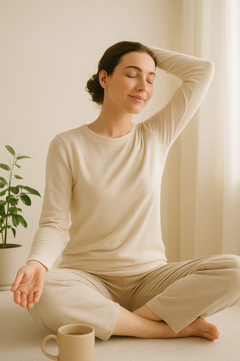 Pessoa em postura calma e relaxada, simbolizando a leveza emocional e o bem-estar