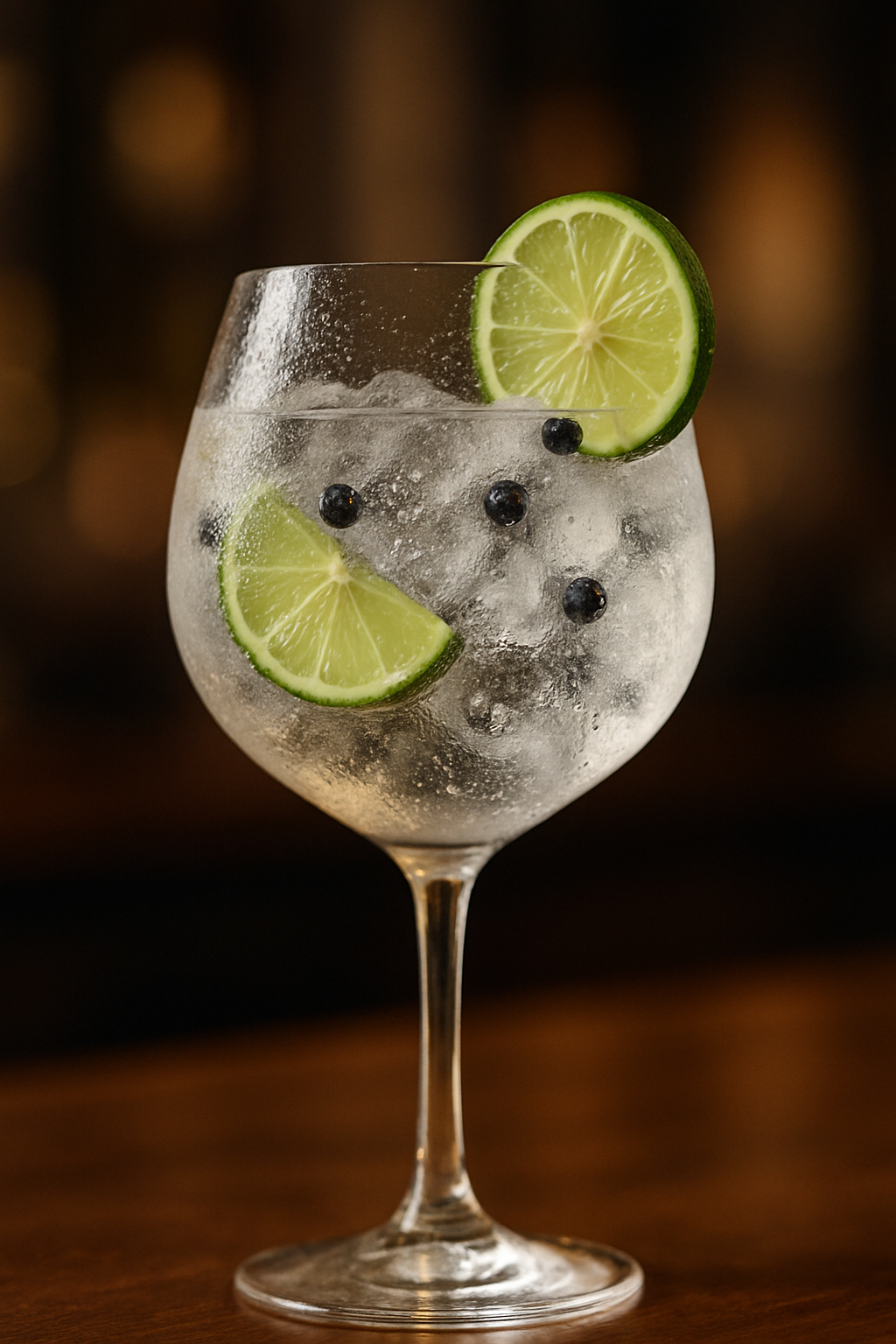 Gin Tônica refrescante com limão e zimbro, perfeita para coquetéis.