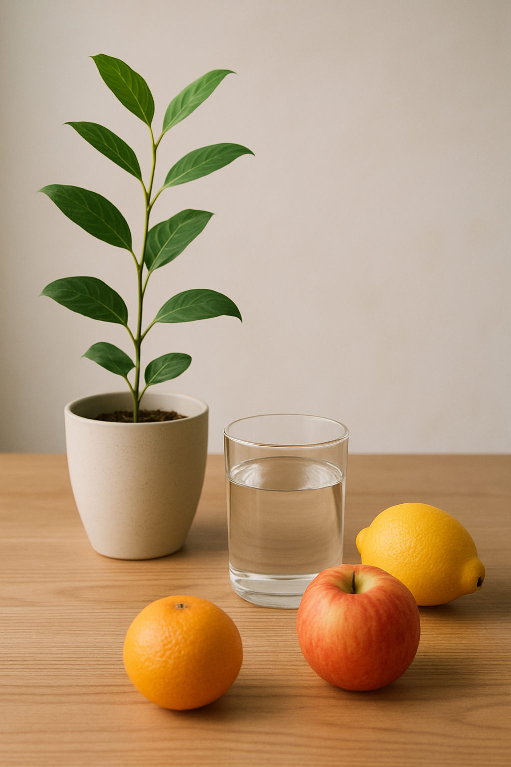 Natureza morta simples com planta, água e frutas, ilustrando a vida minimalista e saúde preventiva
