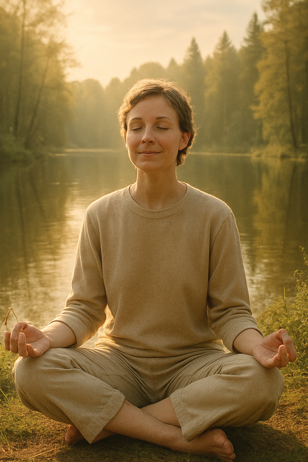 Pessoa meditando com foco no presente em ambiente natural sereno e tranquilo, cercada por árvores e luz solar suave, simbolizando a atenção plena e a calma interior.