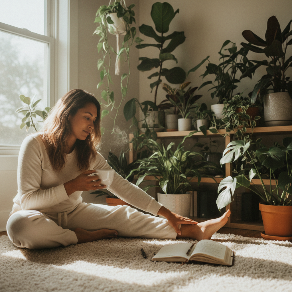 Mulher em pose de yoga suave com plantas e luz natural, praticando rituais de bem-estar matinais para saúde preventiva.