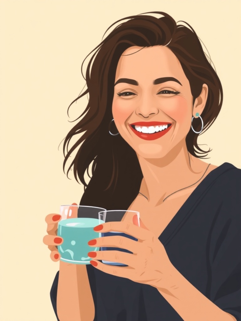 Ilustração de pessoa sorrindo bebendo água, representando hábitos simples para melhorar a saúde.