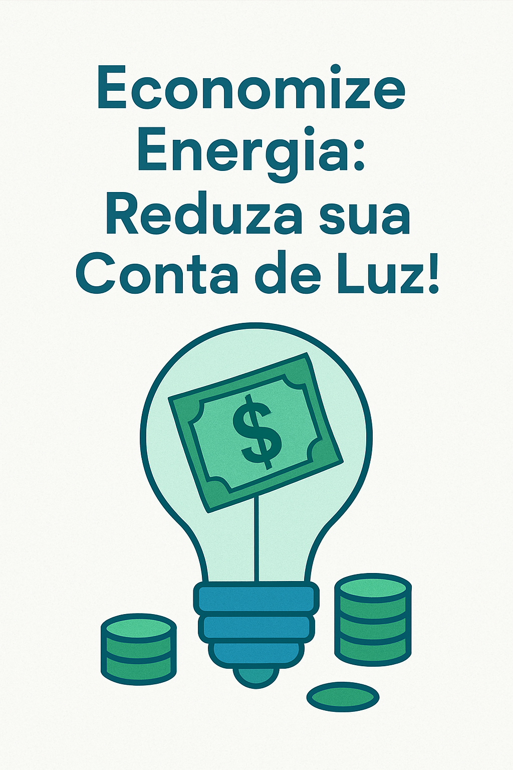 Uma lâmpada LED brilhando intensamente sobre uma conta de luz amassada, simbolizando a economia de energia elétrica e a redução de gastos. Ao fundo, um porquinho cofrinho sorridente.