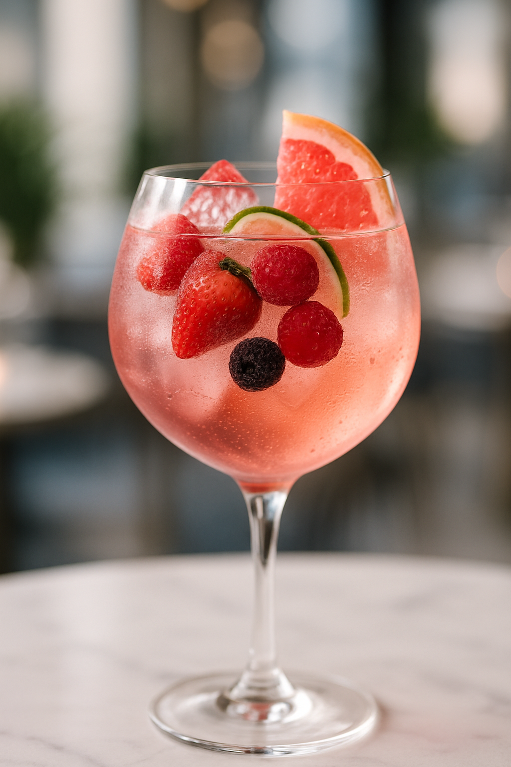 Um vibrante e sofisticado Pink Gin Tonic, um dos coquetéis mais refrescantes, servido em taça balão com frutas vermelhas e limão.