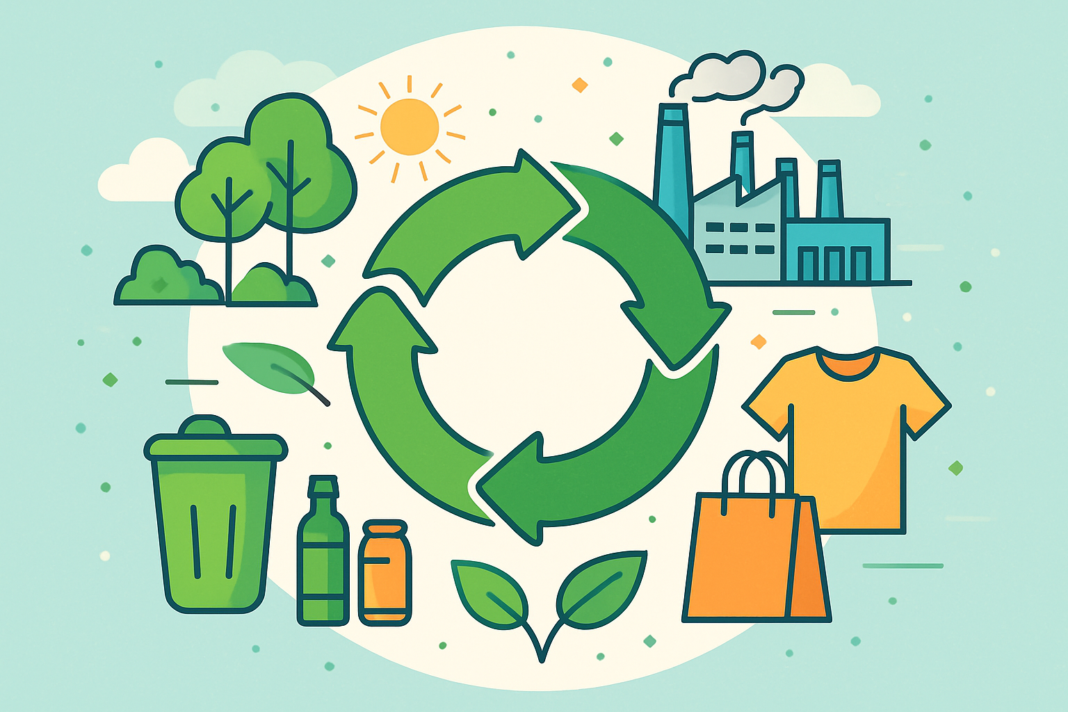 Representação visual da economia circular com elementos de reciclagem, natureza e processos industriais em um ciclo contínuo.