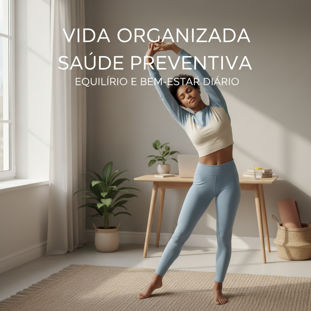 Pessoa fazendo alongamento leve em ambiente organizado e calmo, simbolizando vida organizada e saúde preventiva