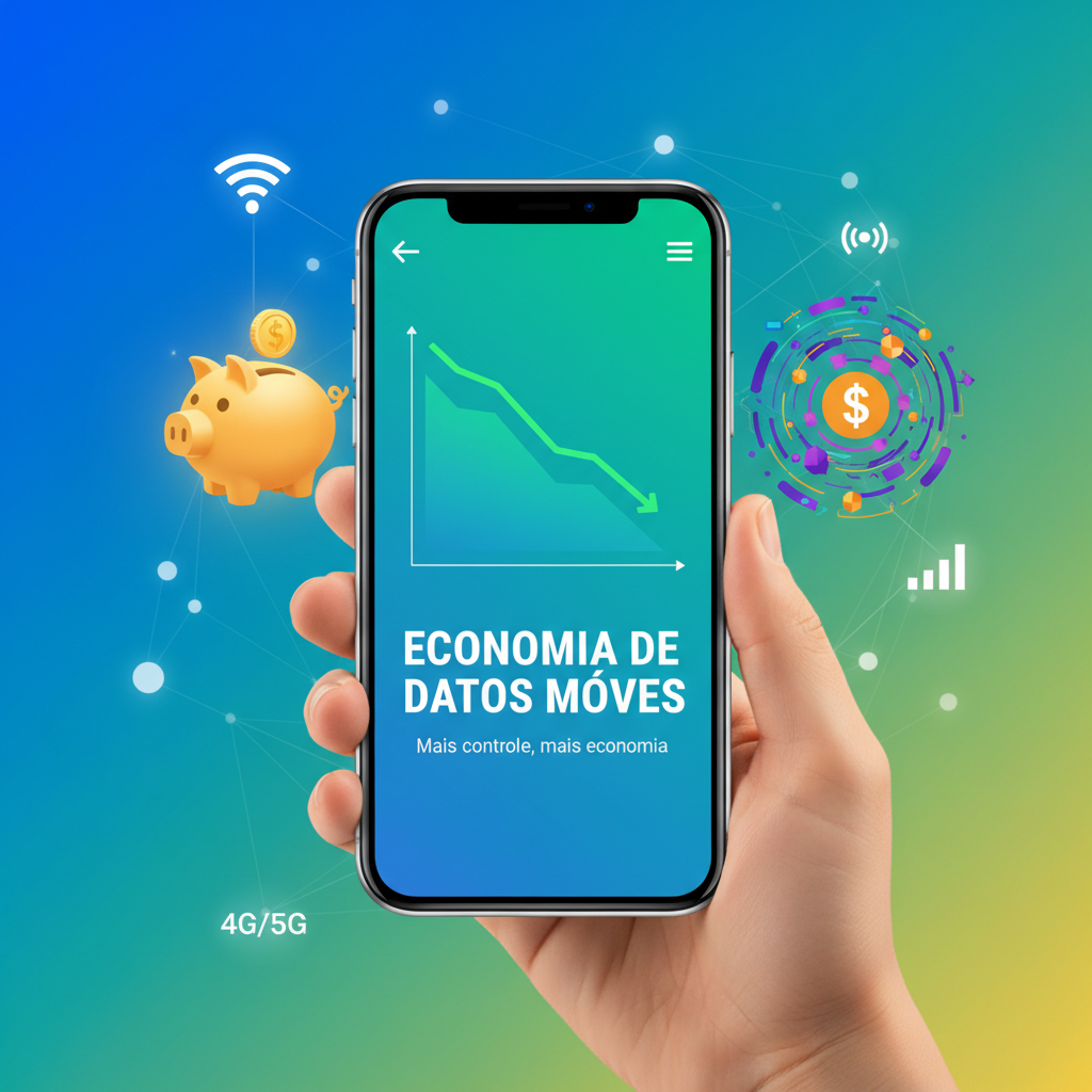 Ilustração de economia de dados móveis no celular, com gráfico de consumo em queda.