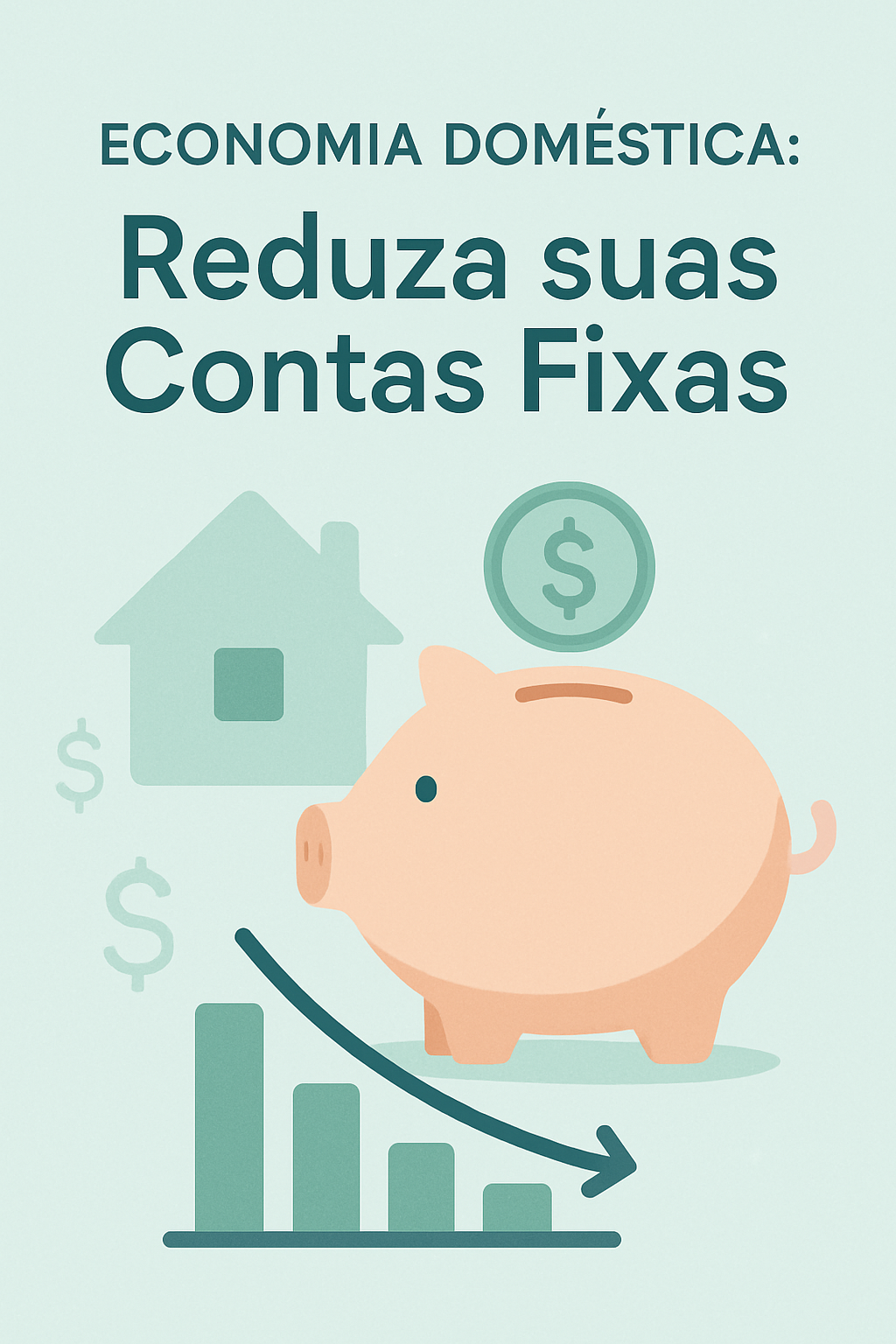 Mãos segurando moedas sobre uma calculadora, com boletos e um cofrinho ao fundo, simbolizando economia doméstica e redução de despesas fixas.