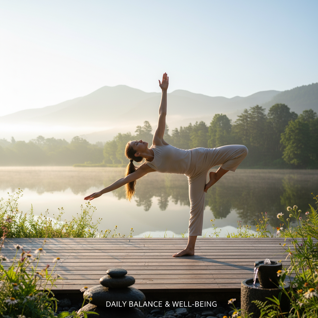 Mulher praticando ioga ao ar livre, simbolizando equilíbrio diário e serenidade.
